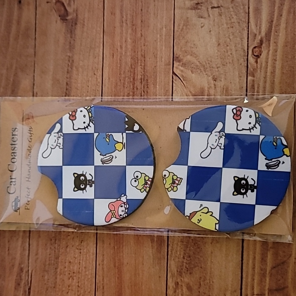 Kitty Cat Friends Handmade Reuseable Neoprene Set of 2 Cup Holder Car Coasters